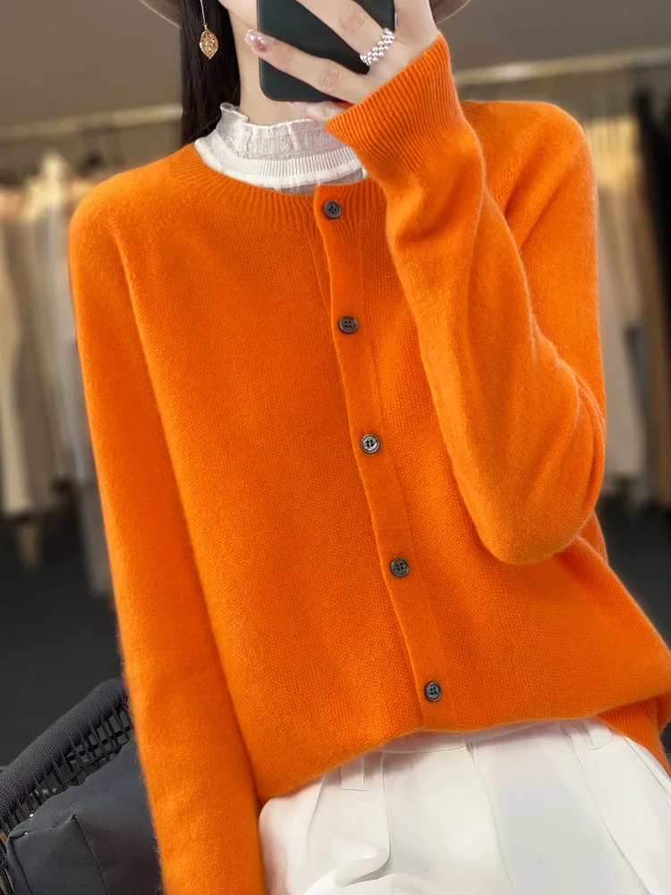 2024 Long Sleeve Cardigan New Fashion Women Sweater 100% Merino Wool Tops Jerseys O-Neck Knitwears Spring Autumn Women Clothing
