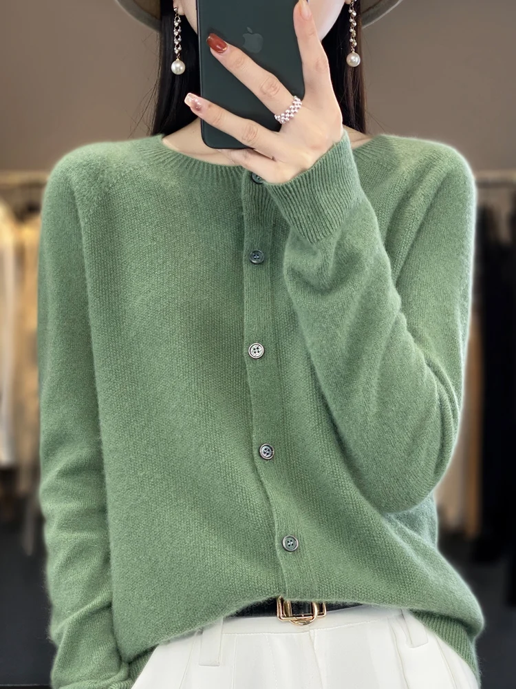 2024 Long Sleeve Cardigan New Fashion Women Sweater 100% Merino Wool Tops Jerseys O-Neck Knitwears Spring Autumn Women Clothing
