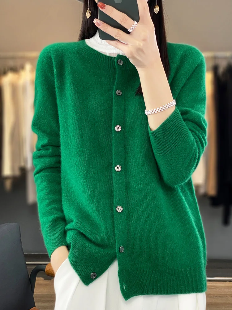 2024 Long Sleeve Cardigan New Fashion Women Sweater 100% Merino Wool Tops Jerseys O-Neck Knitwears Spring Autumn Women Clothing