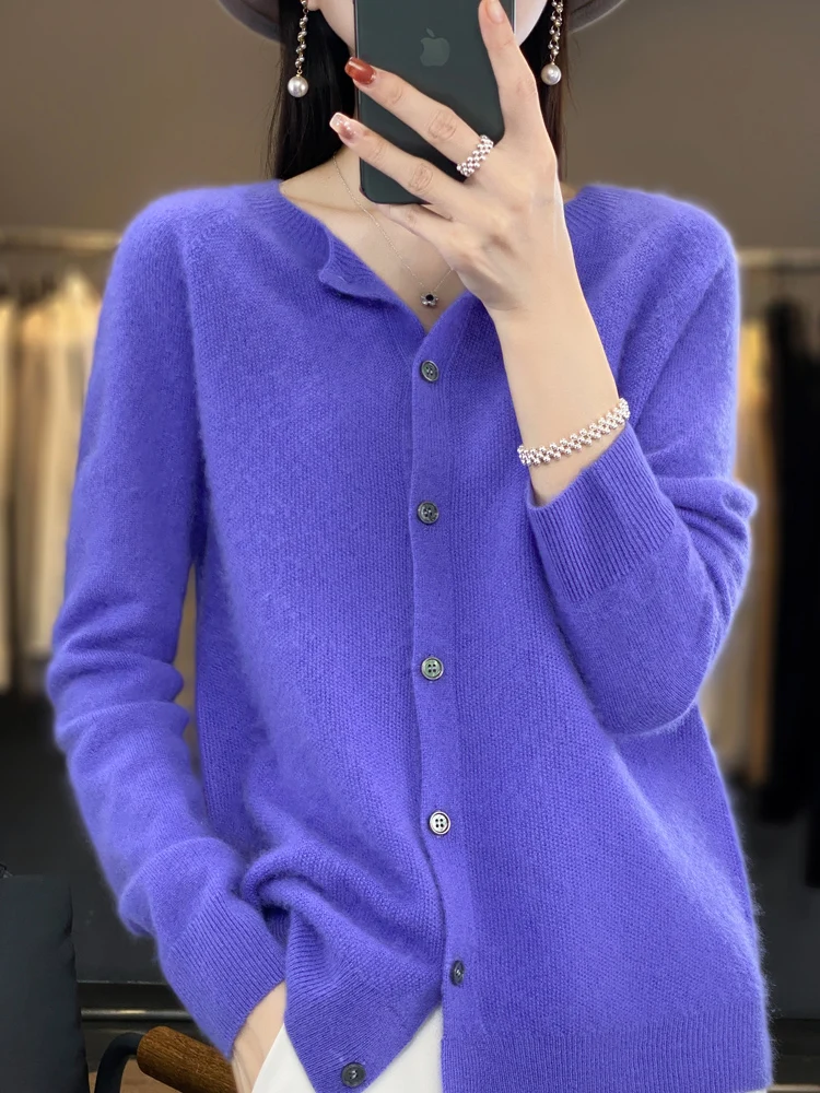 2024 Long Sleeve Cardigan New Fashion Women Sweater 100% Merino Wool Tops Jerseys O-Neck Knitwears Spring Autumn Women Clothing