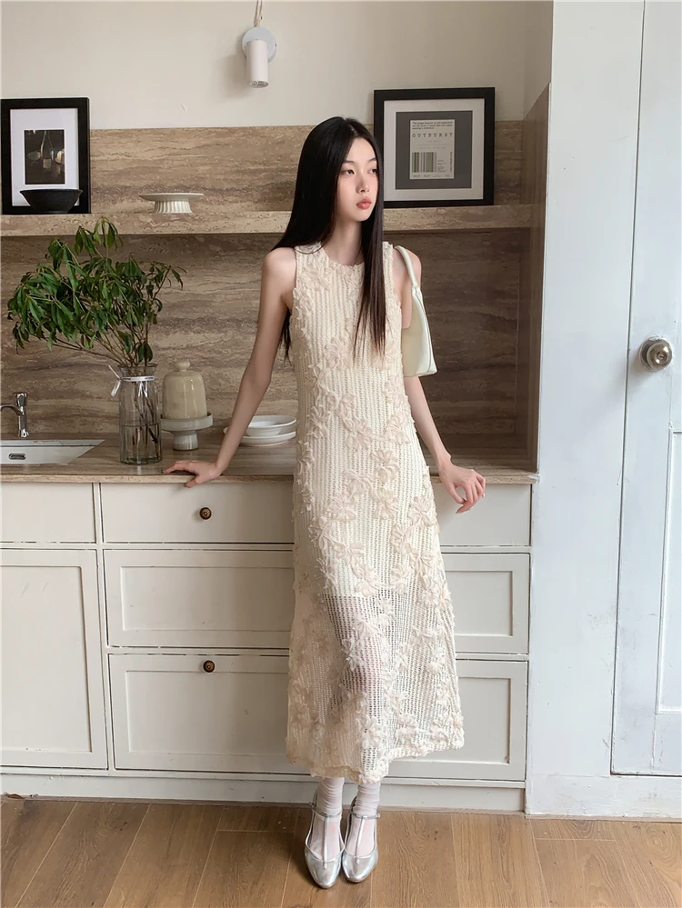CHEERART Crochet Sleeveless Summer Long Tank Dress For Women 2023 Floral Beige A Line Midi Dress Luxury Designer Party