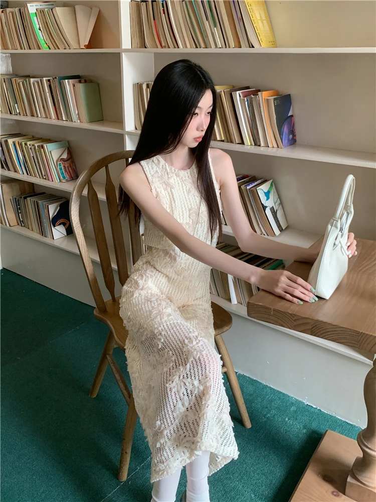 CHEERART Crochet Sleeveless Summer Long Tank Dress For Women 2023 Floral Beige A Line Midi Dress Luxury Designer Party