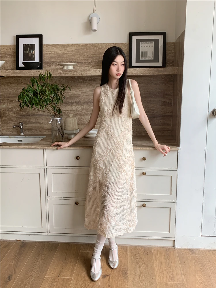 CHEERART Crochet Sleeveless Summer Long Tank Dress For Women 2023 Floral Beige A Line Midi Dress Luxury Designer Party