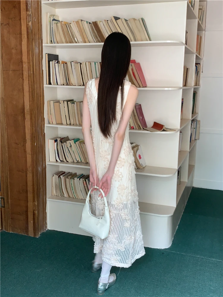 CHEERART Crochet Sleeveless Summer Long Tank Dress For Women 2023 Floral Beige A Line Midi Dress Luxury Designer Party