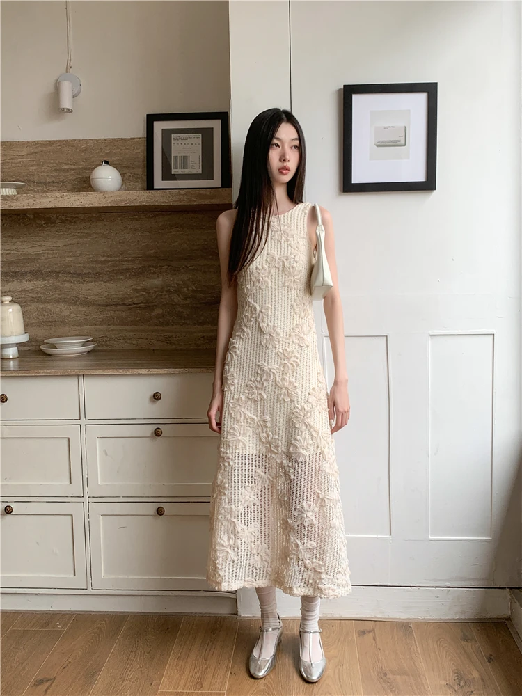 CHEERART Crochet Sleeveless Summer Long Tank Dress For Women 2023 Floral Beige A Line Midi Dress Luxury Designer Party