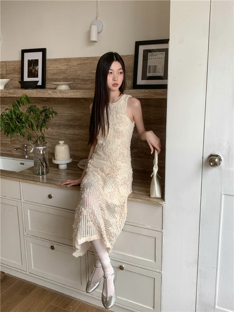 CHEERART Crochet Sleeveless Summer Long Tank Dress For Women 2023 Floral Beige A Line Midi Dress Luxury Designer Party