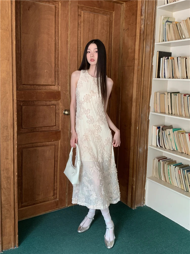 CHEERART Crochet Sleeveless Summer Long Tank Dress For Women 2023 Floral Beige A Line Midi Dress Luxury Designer Party