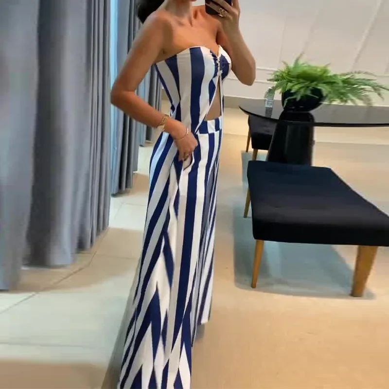 Two Piece Sets Women Skirt Set Striped Strapless Sleeveless Backless Matching Sets A Line Tops Long Pants Sexy Dress Sets 2025