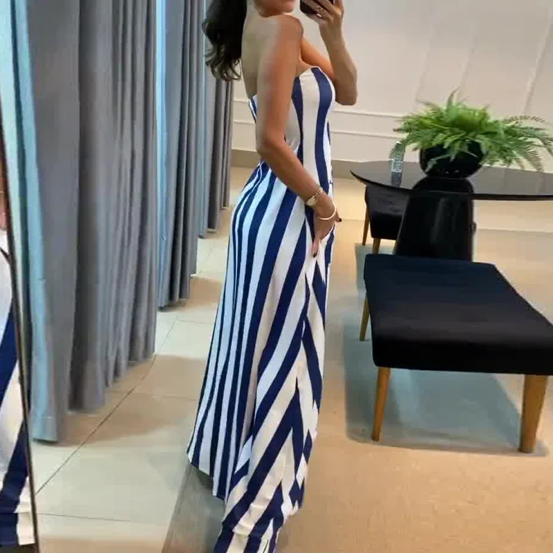 Two Piece Sets Women Skirt Set Striped Strapless Sleeveless Backless Matching Sets A Line Tops Long Pants Sexy Dress Sets 2025