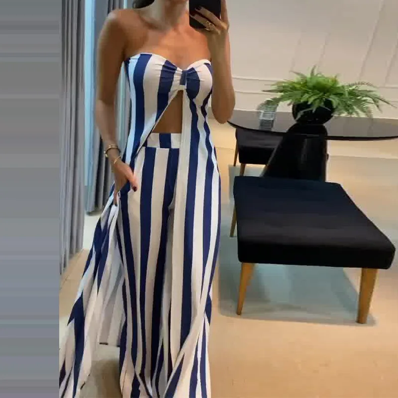 Two Piece Sets Women Skirt Set Striped Strapless Sleeveless Backless Matching Sets A Line Tops Long Pants Sexy Dress Sets 2025