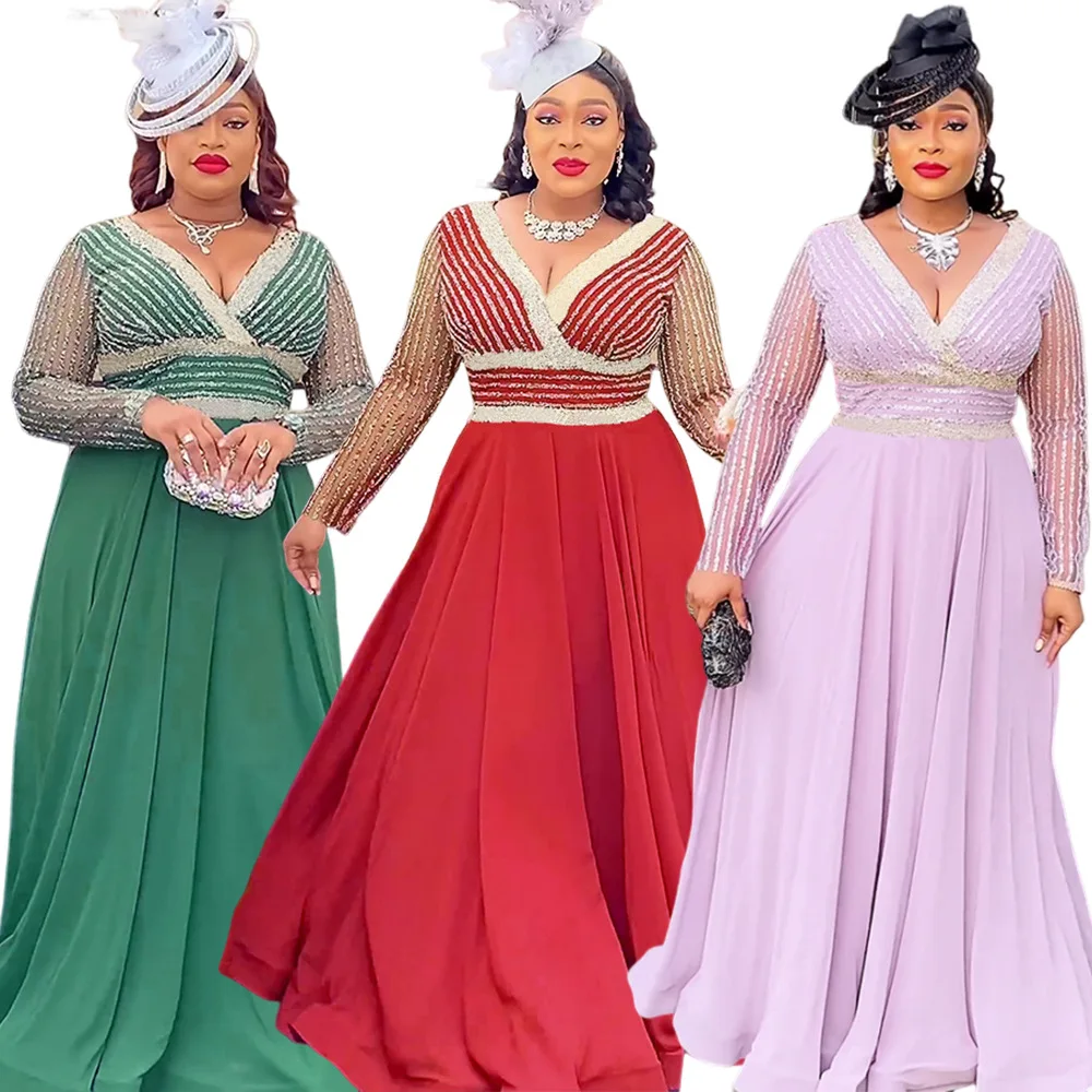 Plus Size Elegant African Dresses For Women Muslim Fashion Boubou Dashiki Ankara Outfit Evening Gown Abayas Kaftan Scarf Robe