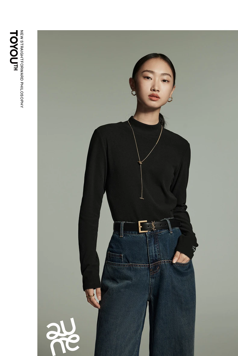 Toyouth Women Tees 2024 Winter Long Sleeve Half High Collar Slim Fit T-shirt Self Heating Warm Versatile Multicolour Tops