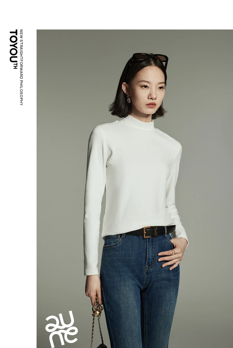 Toyouth Women Tees 2024 Winter Long Sleeve Half High Collar Slim Fit T-shirt Self Heating Warm Versatile Multicolour Tops