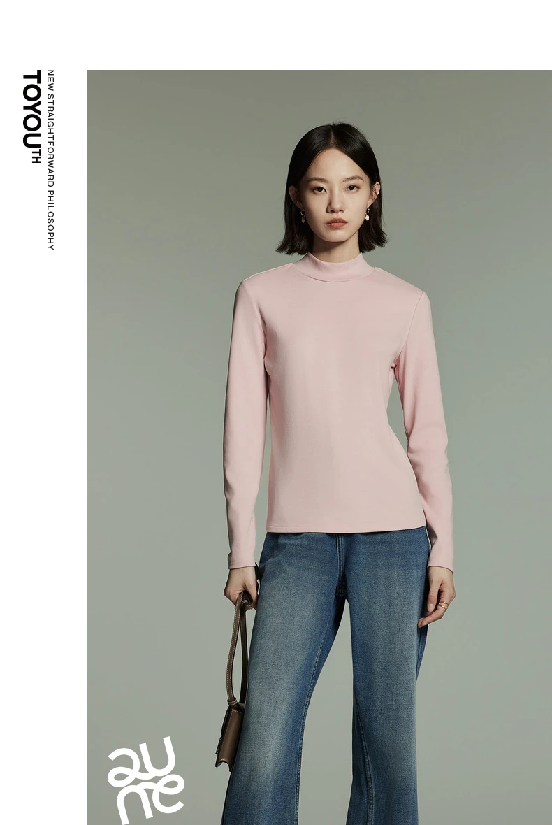 Toyouth Women Tees 2024 Winter Long Sleeve Half High Collar Slim Fit T-shirt Self Heating Warm Versatile Multicolour Tops