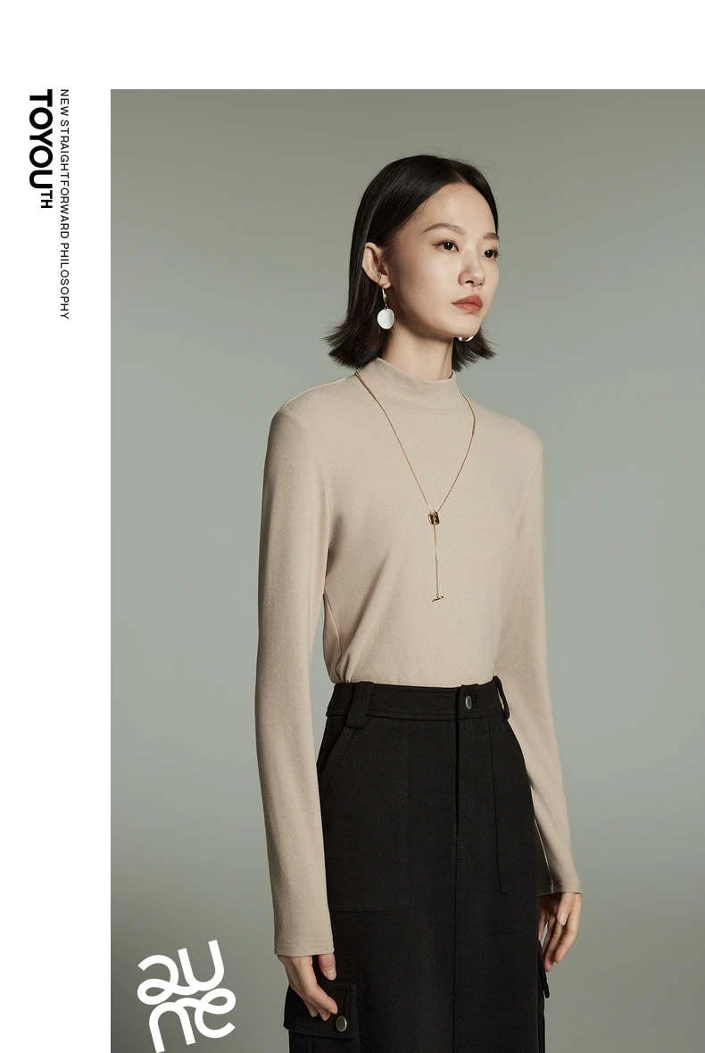 Toyouth Women Tees 2024 Winter Long Sleeve Half High Collar Slim Fit T-shirt Self Heating Warm Versatile Multicolour Tops