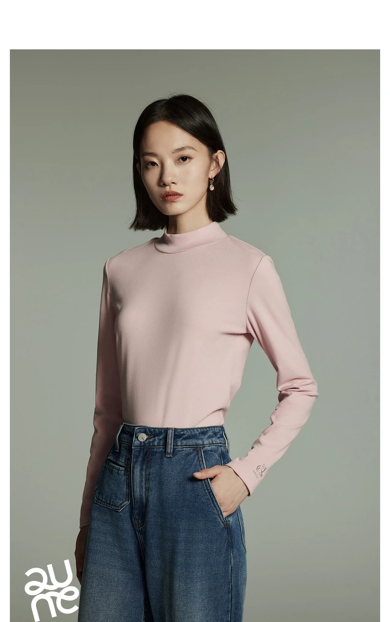 Toyouth Women Tees 2024 Winter Long Sleeve Half High Collar Slim Fit T-shirt Self Heating Warm Versatile Multicolour Tops