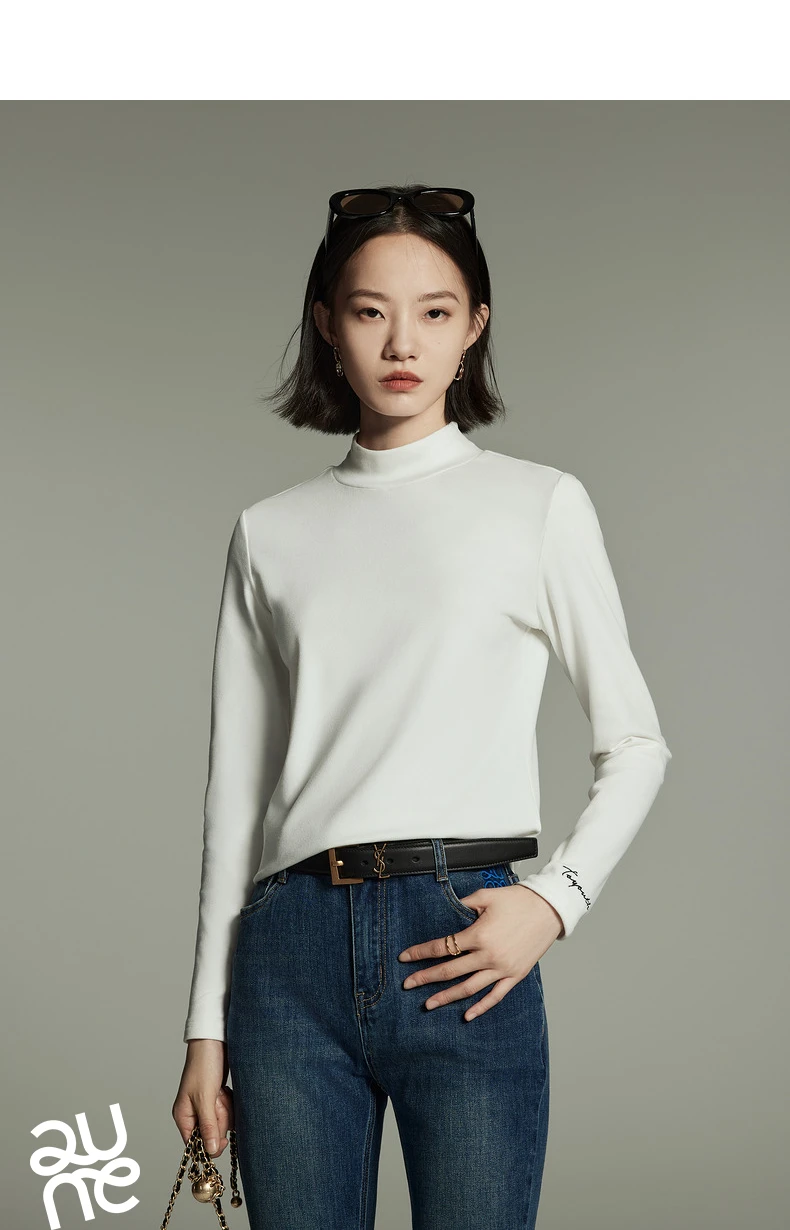 Toyouth Women Tees 2024 Winter Long Sleeve Half High Collar Slim Fit T-shirt Self Heating Warm Versatile Multicolour Tops