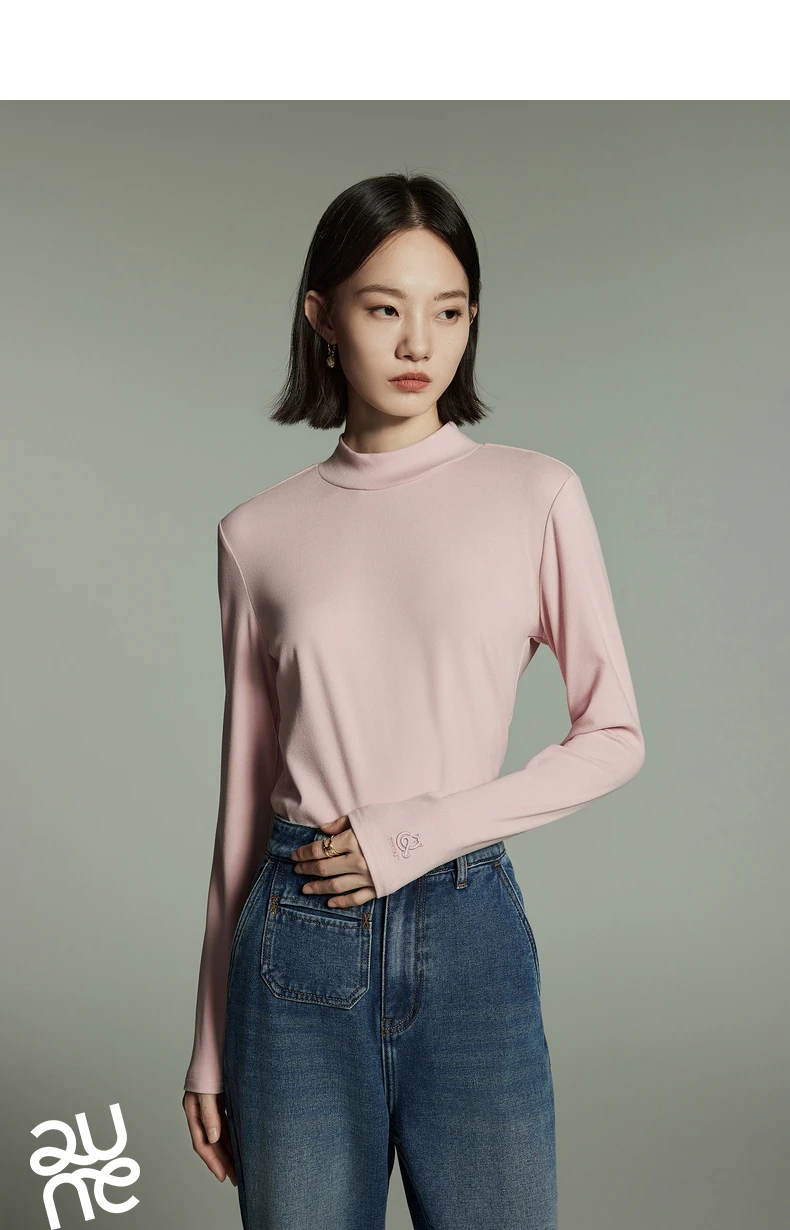 Toyouth Women Tees 2024 Winter Long Sleeve Half High Collar Slim Fit T-shirt Self Heating Warm Versatile Multicolour Tops
