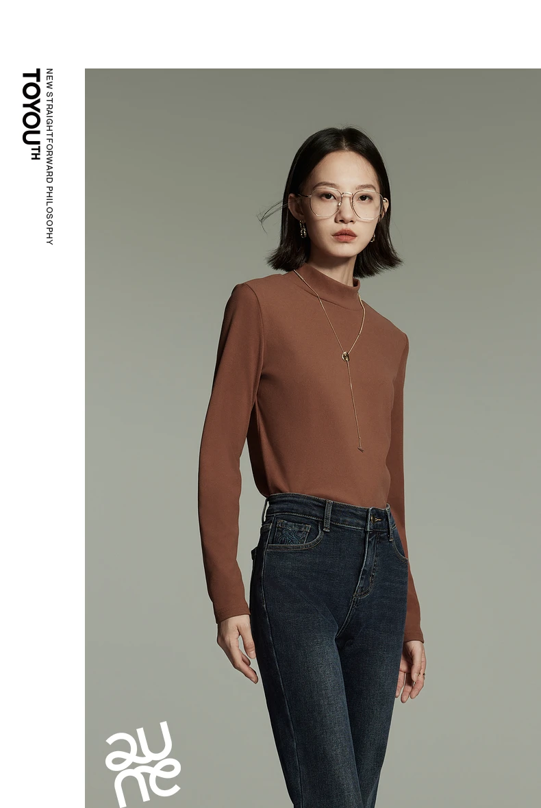 Toyouth Women Tees 2024 Winter Long Sleeve Half High Collar Slim Fit T-shirt Self Heating Warm Versatile Multicolour Tops