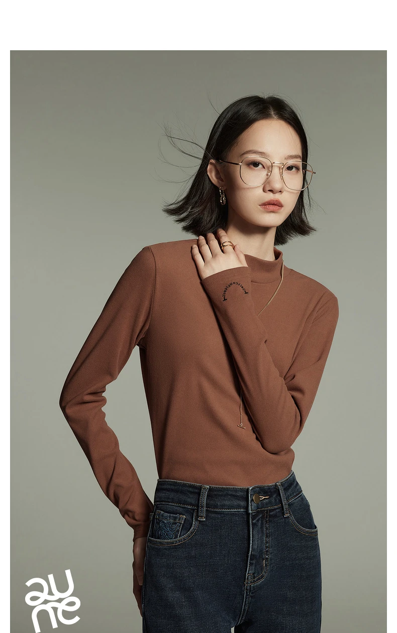 Toyouth Women Tees 2024 Winter Long Sleeve Half High Collar Slim Fit T-shirt Self Heating Warm Versatile Multicolour Tops