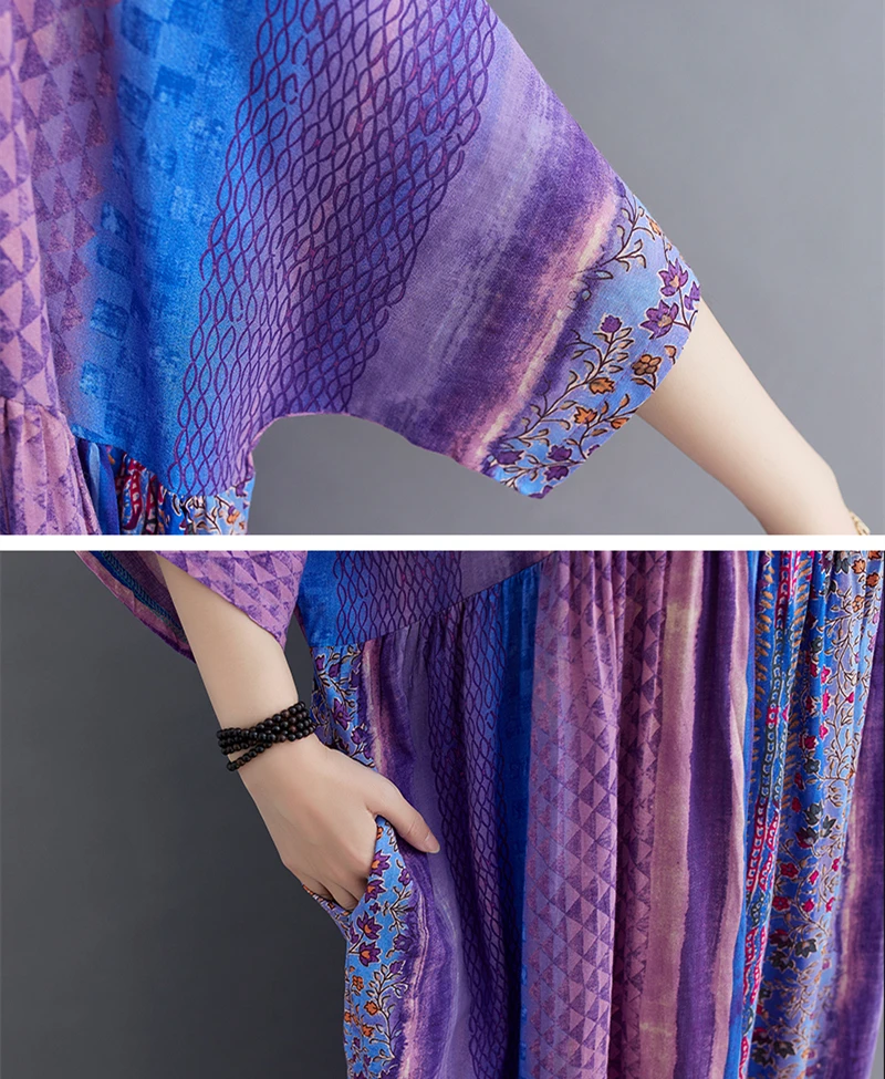 Short Sleeve Cotton Linen Vintage Purple Floral Dresses For Women Casual Loose Long Summer Dress Elegant Fashion Clothing 2025
