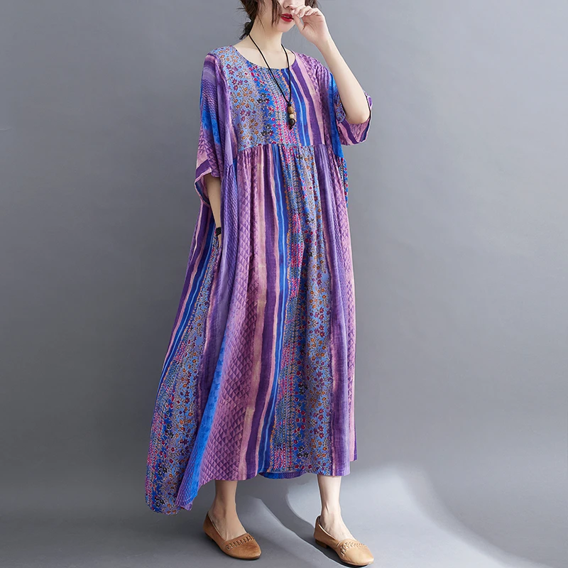Short Sleeve Cotton Linen Vintage Purple Floral Dresses For Women Casual Loose Long Summer Dress Elegant Fashion Clothing 2025