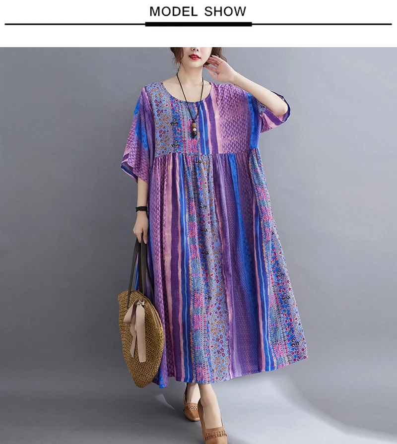 Short Sleeve Cotton Linen Vintage Purple Floral Dresses For Women Casual Loose Long Summer Dress Elegant Fashion Clothing 2025