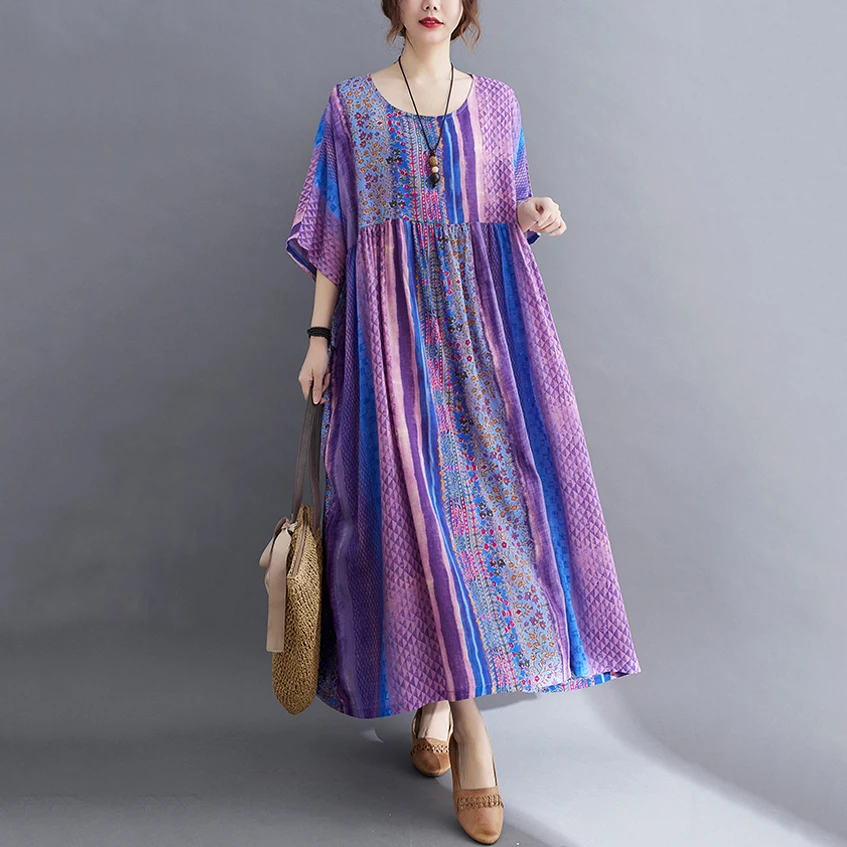 Short Sleeve Cotton Linen Vintage Purple Floral Dresses For Women Casual Loose Long Summer Dress Elegant Fashion Clothing 2025