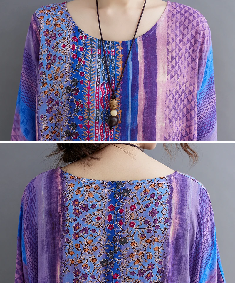 Short Sleeve Cotton Linen Vintage Purple Floral Dresses For Women Casual Loose Long Summer Dress Elegant Fashion Clothing 2025