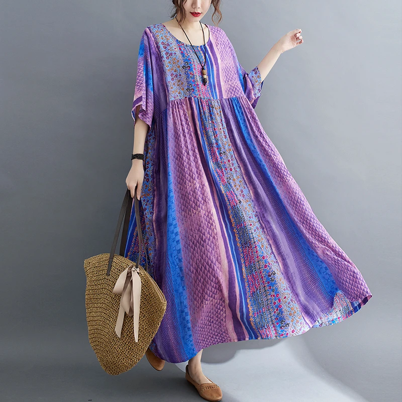 Short Sleeve Cotton Linen Vintage Purple Floral Dresses For Women Casual Loose Long Summer Dress Elegant Fashion Clothing 2025