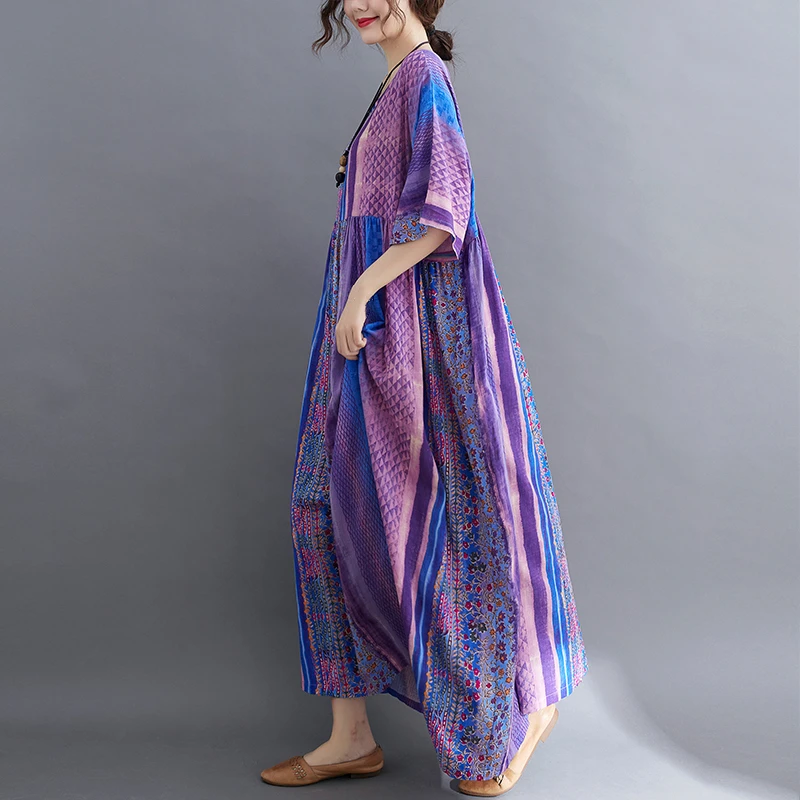 Short Sleeve Cotton Linen Vintage Purple Floral Dresses For Women Casual Loose Long Summer Dress Elegant Fashion Clothing 2025