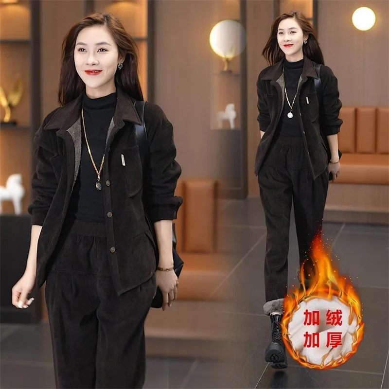 Autumn Winter Women's Corduroy Casual Suit Fashion Add Velvet Short Coat Jacket + Elastic Waist Pants 2 Piece Sets Female Outfit