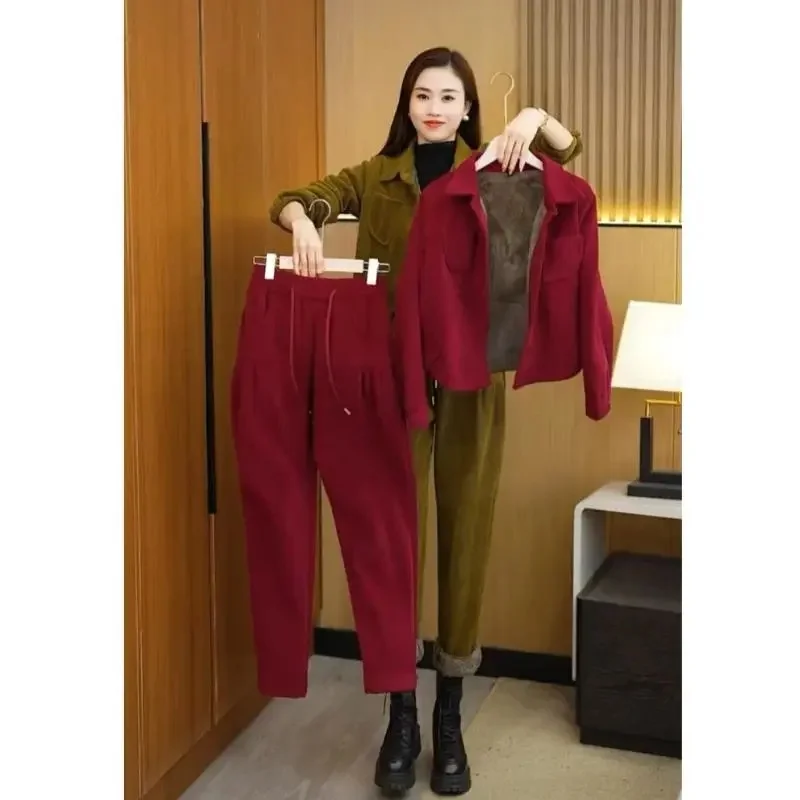 Autumn Winter Women's Corduroy Casual Suit Fashion Add Velvet Short Coat Jacket + Elastic Waist Pants 2 Piece Sets Female Outfit