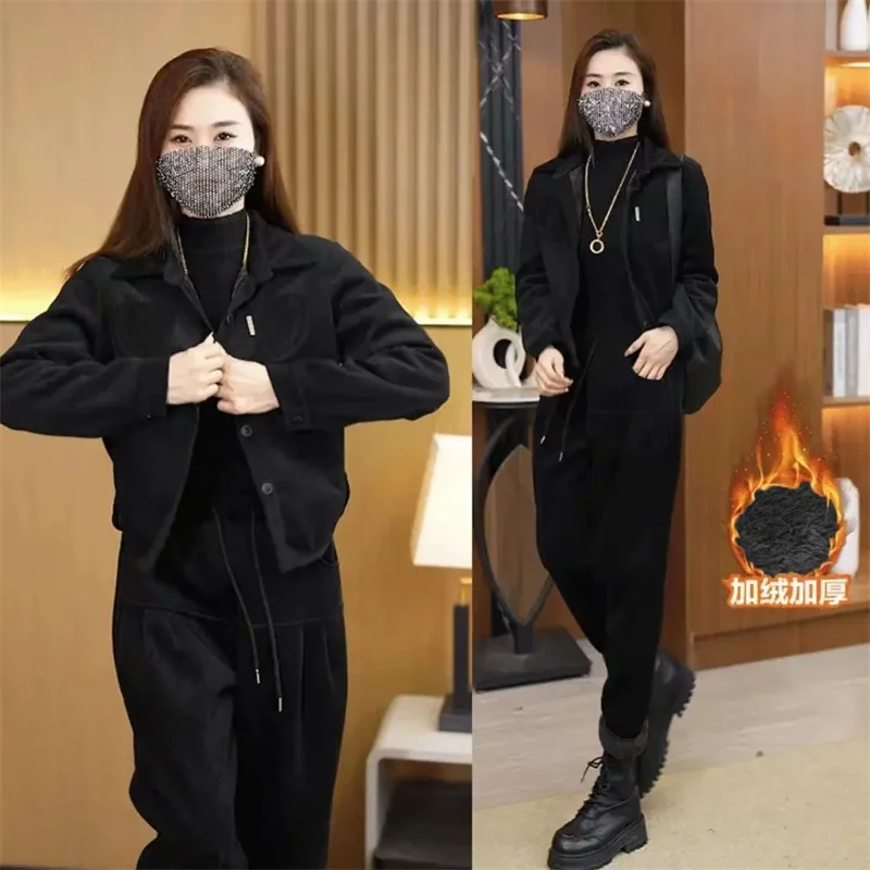 Autumn Winter Women's Corduroy Casual Suit Fashion Add Velvet Short Coat Jacket + Elastic Waist Pants 2 Piece Sets Female Outfit