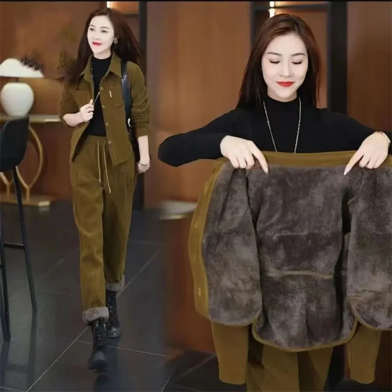 Autumn Winter Women's Corduroy Casual Suit Fashion Add Velvet Short Coat Jacket + Elastic Waist Pants 2 Piece Sets Female Outfit