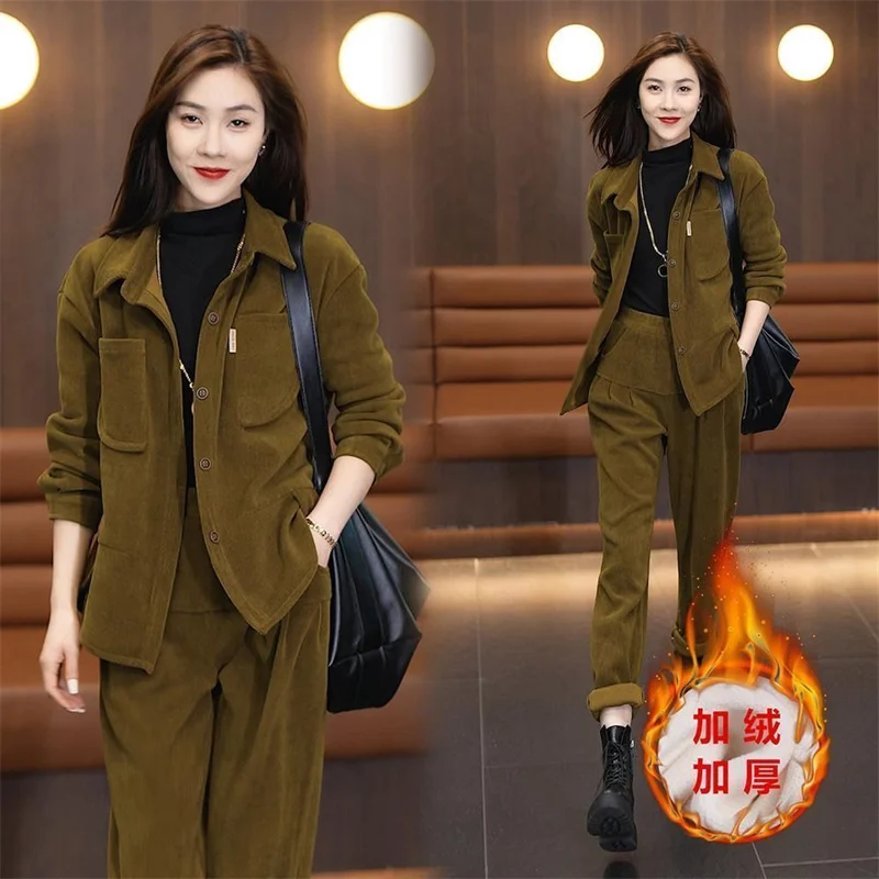 Autumn Winter Women's Corduroy Casual Suit Fashion Add Velvet Short Coat Jacket + Elastic Waist Pants 2 Piece Sets Female Outfit