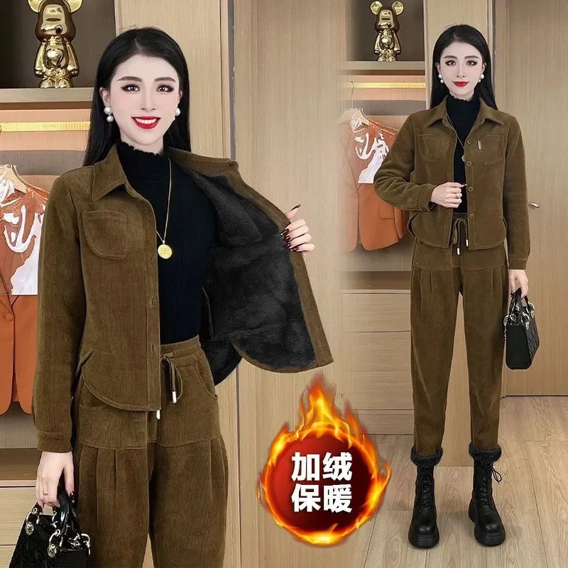 Autumn Winter Women's Corduroy Casual Suit Fashion Add Velvet Short Coat Jacket + Elastic Waist Pants 2 Piece Sets Female Outfit
