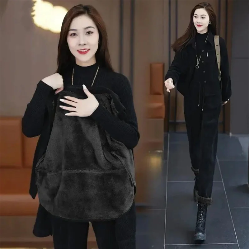 Autumn Winter Women's Corduroy Casual Suit Fashion Add Velvet Short Coat Jacket + Elastic Waist Pants 2 Piece Sets Female Outfit
