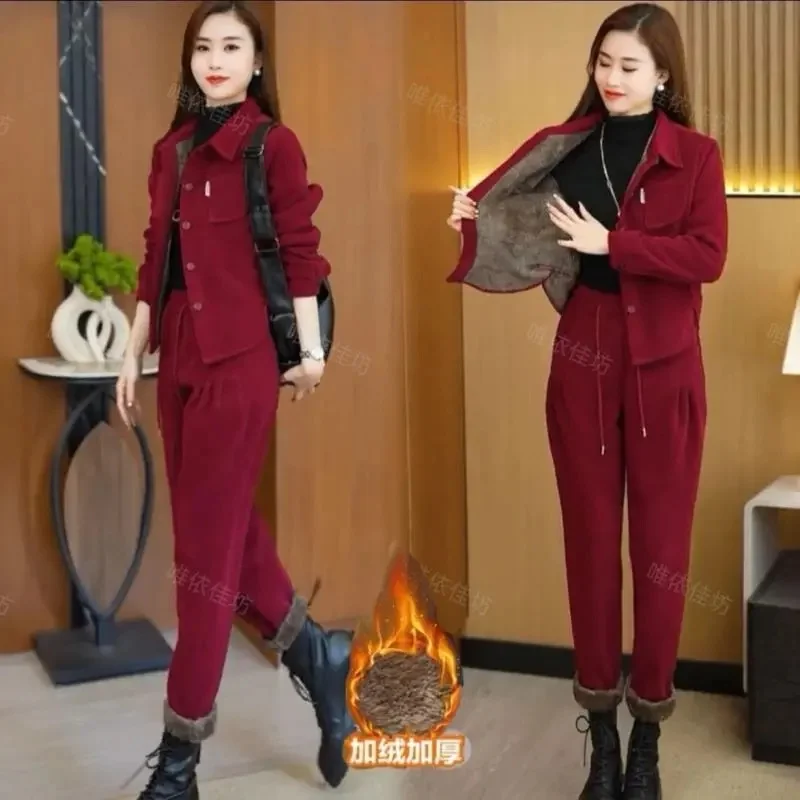 Autumn Winter Women's Corduroy Casual Suit Fashion Add Velvet Short Coat Jacket + Elastic Waist Pants 2 Piece Sets Female Outfit