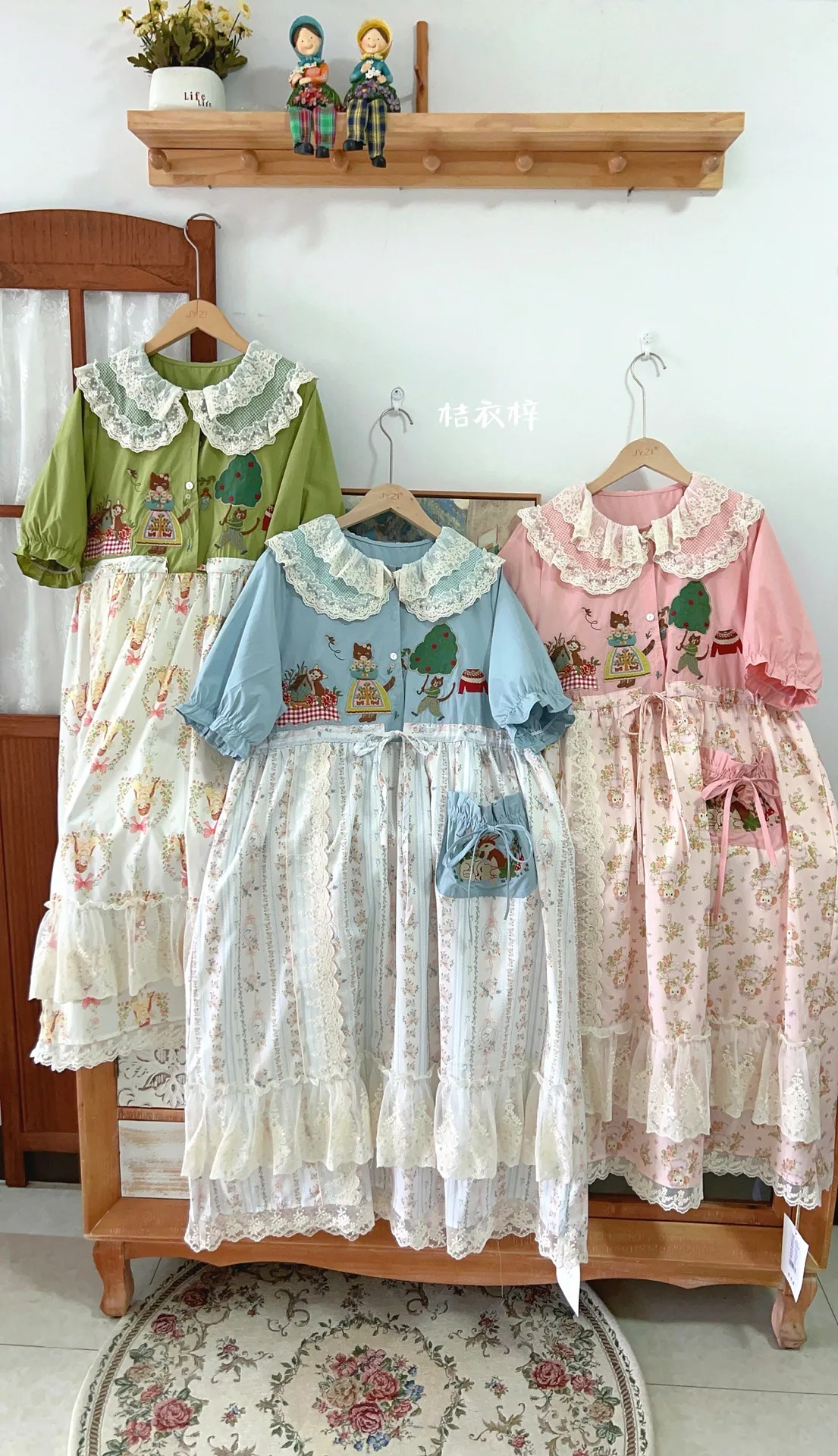 Japanese Mori Girl Patchwork Cotton Linen Dress Women Sweet Vintage Flower Lace-up Loose Sundress Casual Ruffled Pullover Dress