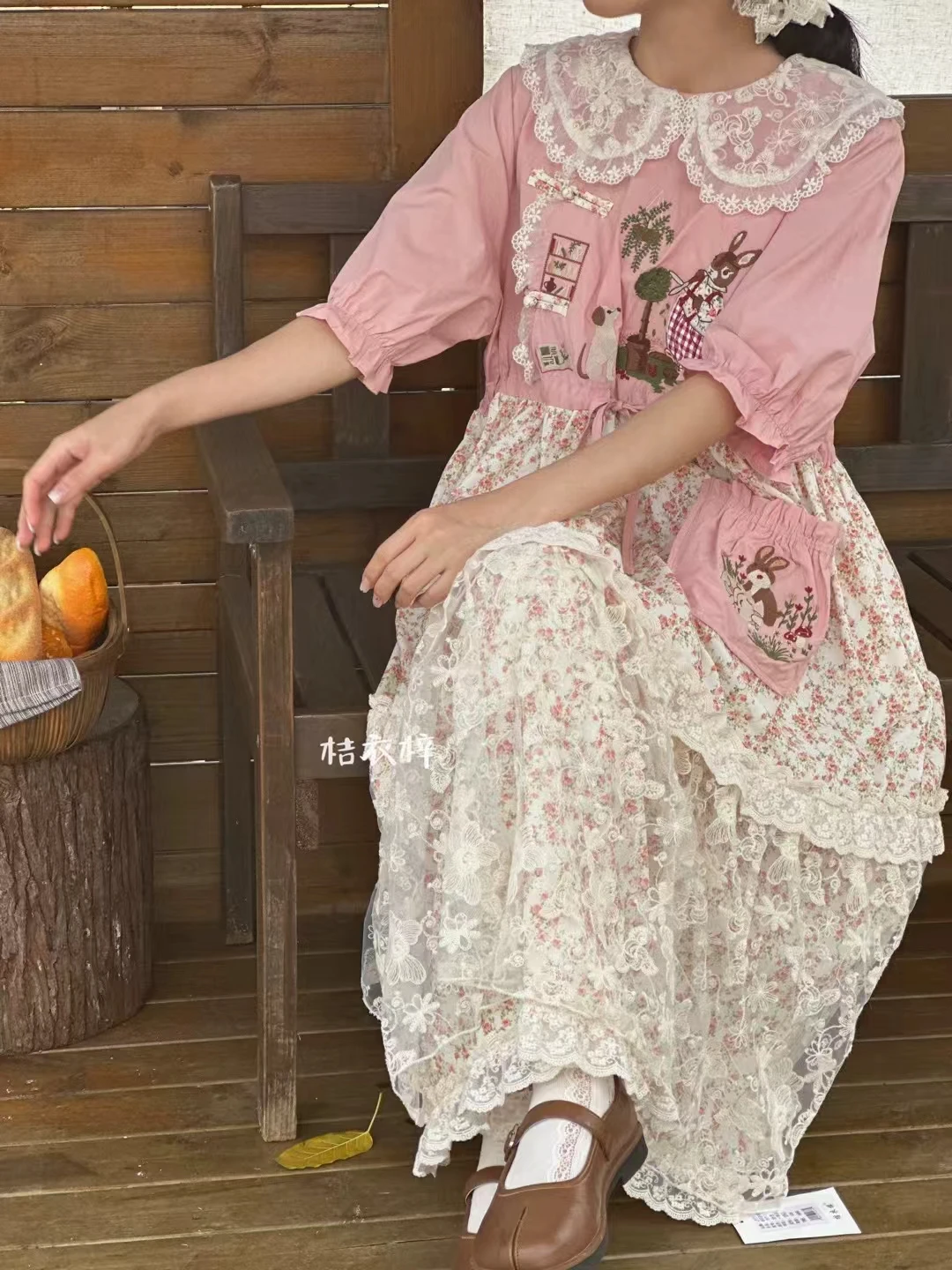 Japanese Mori Girl Patchwork Cotton Linen Dress Women Sweet Vintage Flower Lace-up Loose Sundress Casual Ruffled Pullover Dress