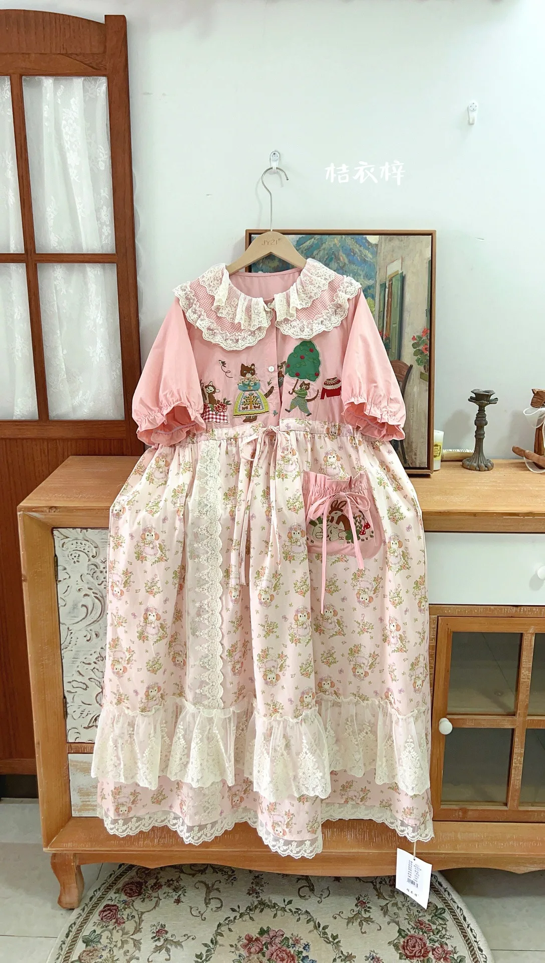 Japanese Mori Girl Patchwork Cotton Linen Dress Women Sweet Vintage Flower Lace-up Loose Sundress Casual Ruffled Pullover Dress