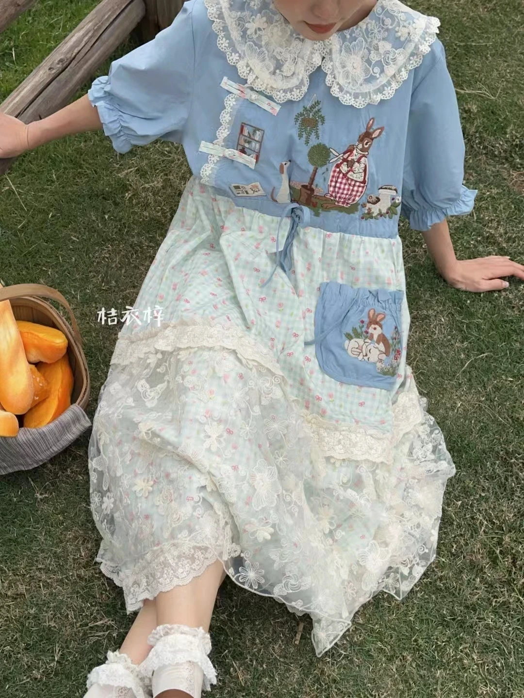 Japanese Mori Girl Patchwork Cotton Linen Dress Women Sweet Vintage Flower Lace-up Loose Sundress Casual Ruffled Pullover Dress