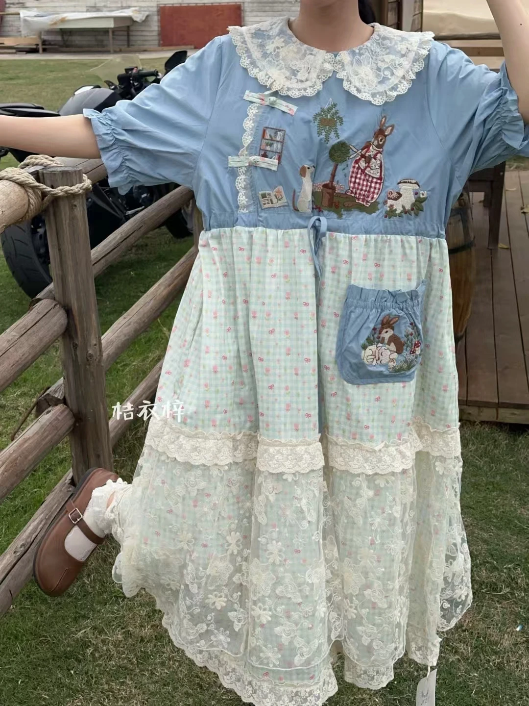 Japanese Mori Girl Patchwork Cotton Linen Dress Women Sweet Vintage Flower Lace-up Loose Sundress Casual Ruffled Pullover Dress