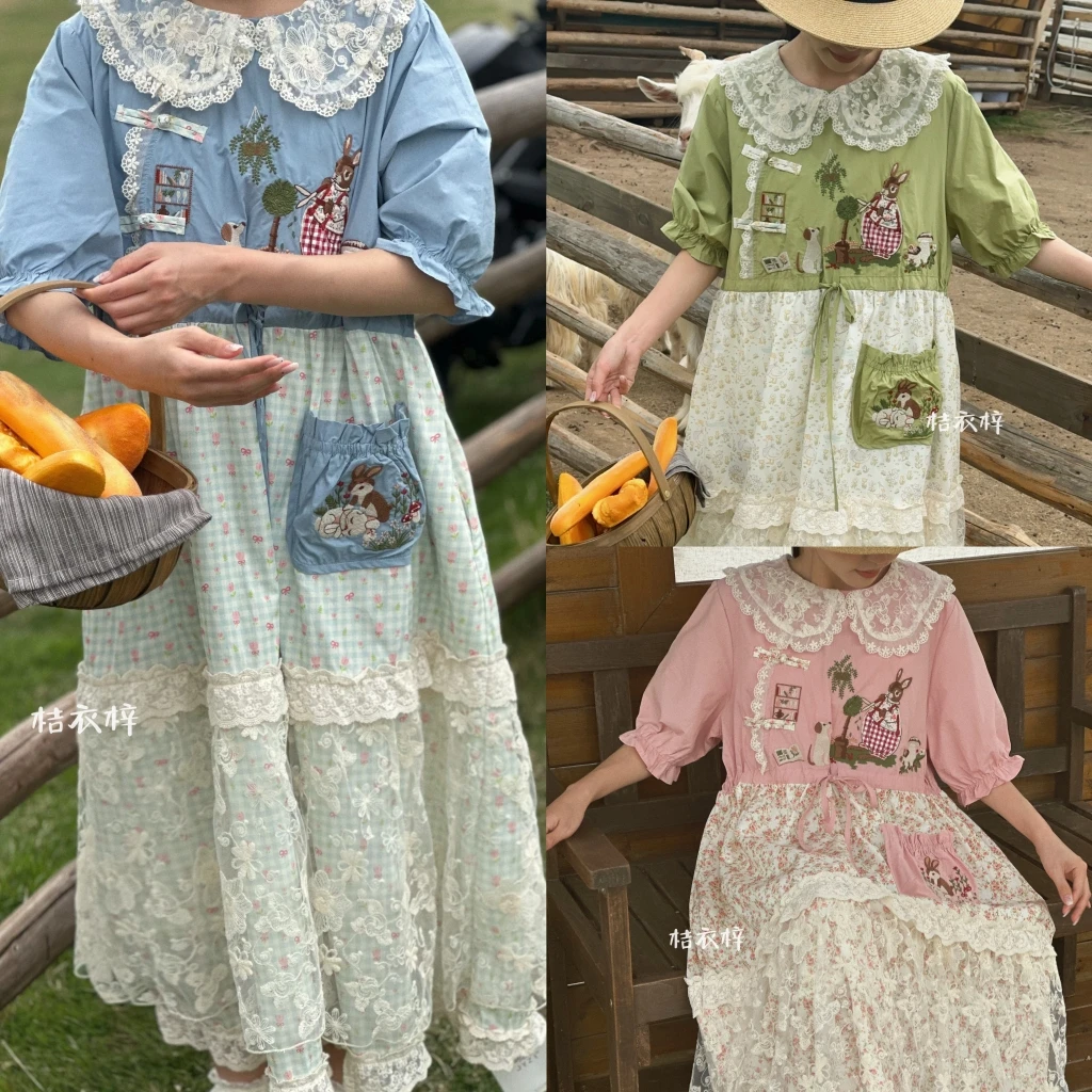 Japanese Mori Girl Patchwork Cotton Linen Dress Women Sweet Vintage Flower Lace-up Loose Sundress Casual Ruffled Pullover Dress