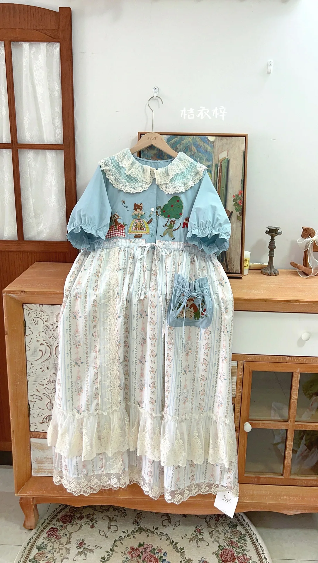 Japanese Mori Girl Patchwork Cotton Linen Dress Women Sweet Vintage Flower Lace-up Loose Sundress Casual Ruffled Pullover Dress