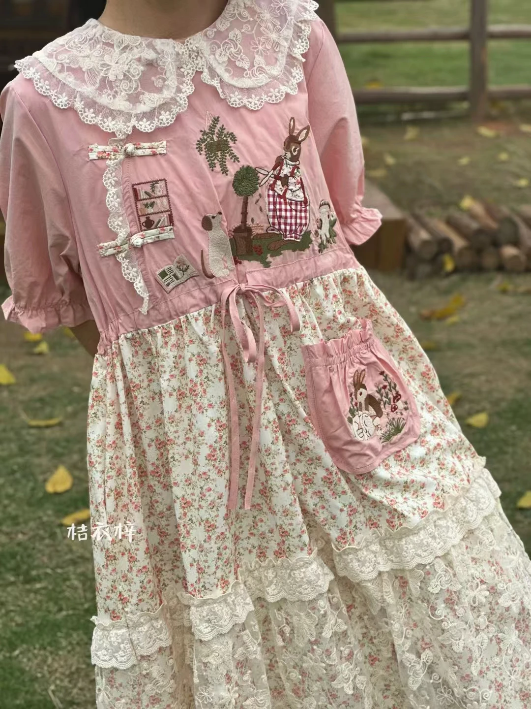Japanese Mori Girl Patchwork Cotton Linen Dress Women Sweet Vintage Flower Lace-up Loose Sundress Casual Ruffled Pullover Dress