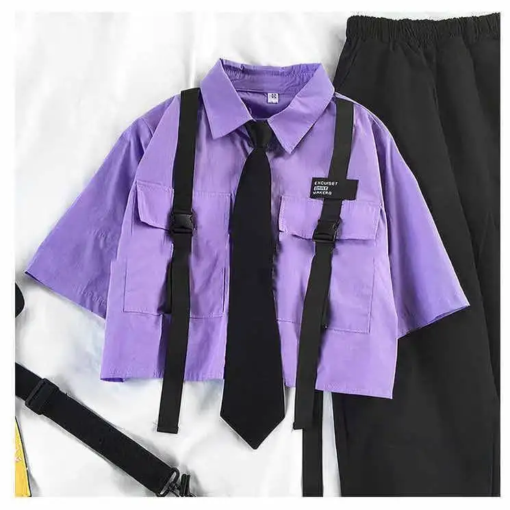 Summer New Two Piece Sets Women Outfits Korean Loose Short Shirts Single Breasted with Tie + Chain Cargo Pants High Waist Pocket