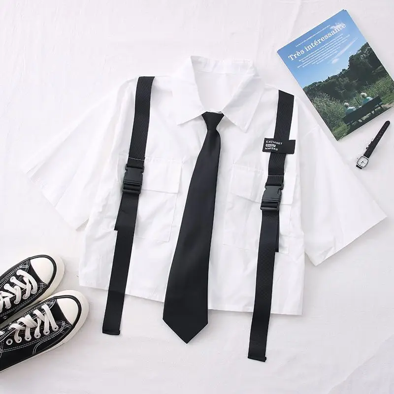 Summer New Two Piece Sets Women Outfits Korean Loose Short Shirts Single Breasted with Tie + Chain Cargo Pants High Waist Pocket