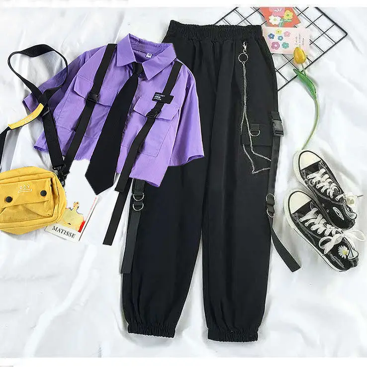 Summer New Two Piece Sets Women Outfits Korean Loose Short Shirts Single Breasted with Tie + Chain Cargo Pants High Waist Pocket